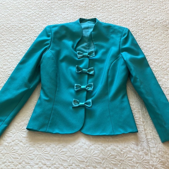 🦩Vintage 🦩teal chiffon key hole necklined jacket & pencil skirt. 😱So fabulous - Picture 5 of 16